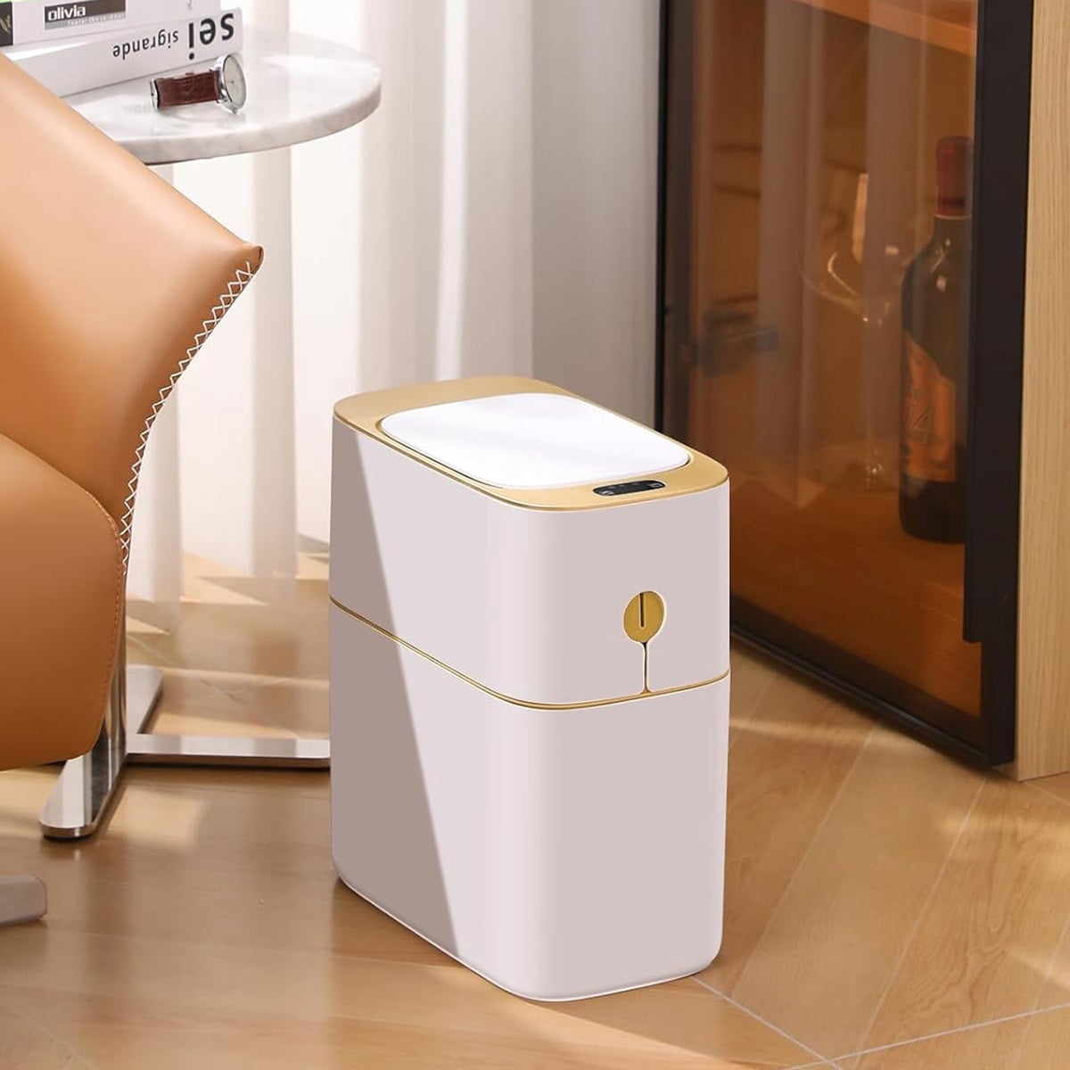 Joybos Automatic Bathroom Trash Can, 3.5 Gallon Plastic Motion Sensor Garbage Bin with Soft Close Lid, White & Gold, 1Pc