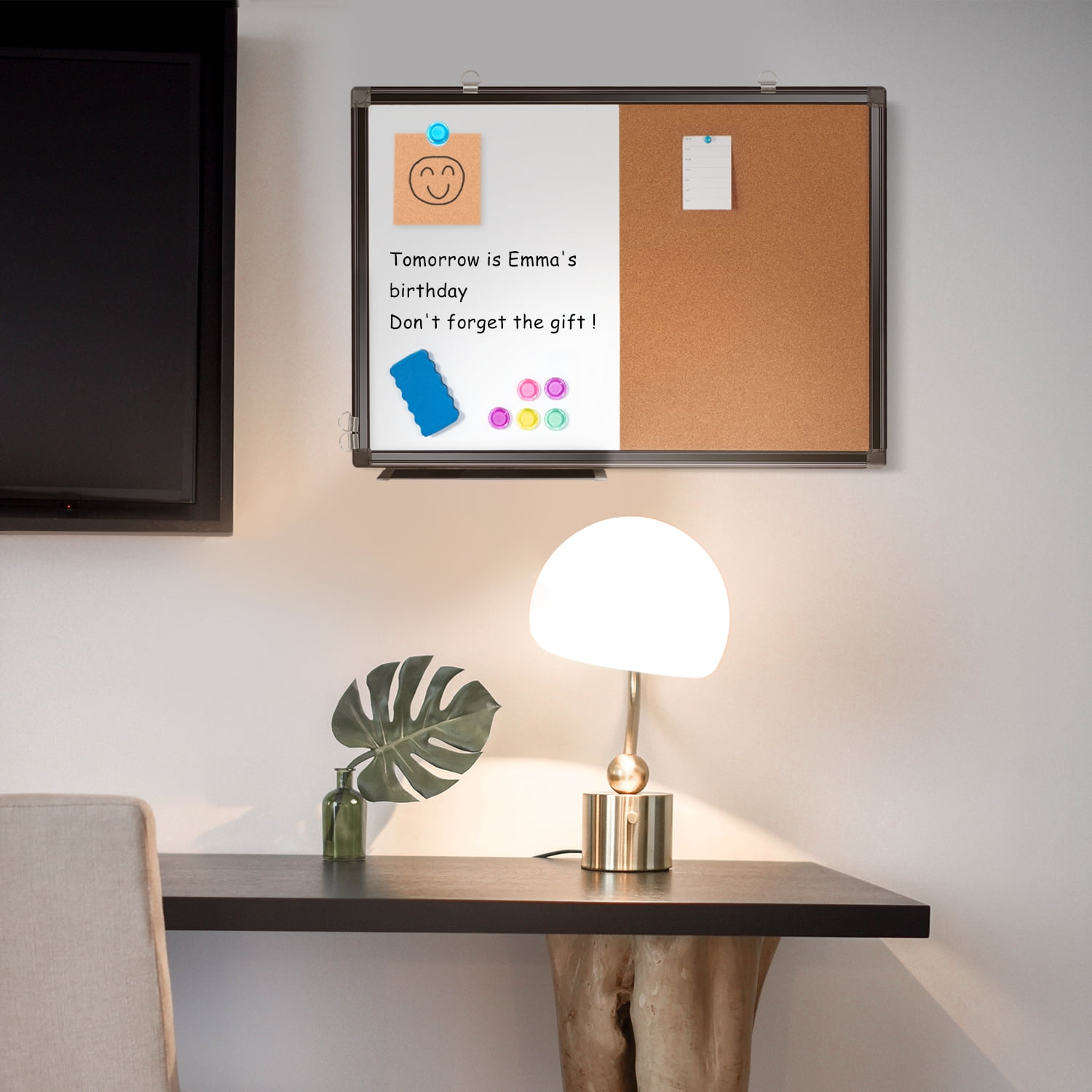 Combination White Board & Bulletin Cork Board Whiteboard Magnetic, Combo Dry Erase Board with Aluminum Frame Hanging Message Board Wall Mounted (24x18inch Black)