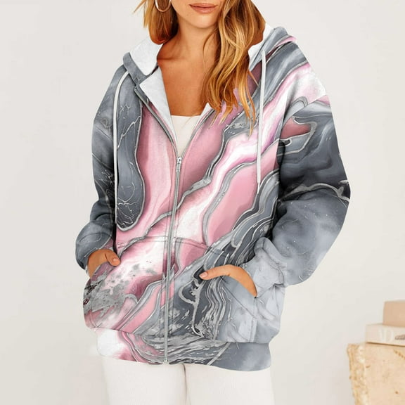 Homenesgenics Winter Coats for Women Plus Size 4X Fleece Jackets Women's Casual Printed Long Sleeve Zipper Hooded Tops Blouse with Pocket Sweatshirt Pink S