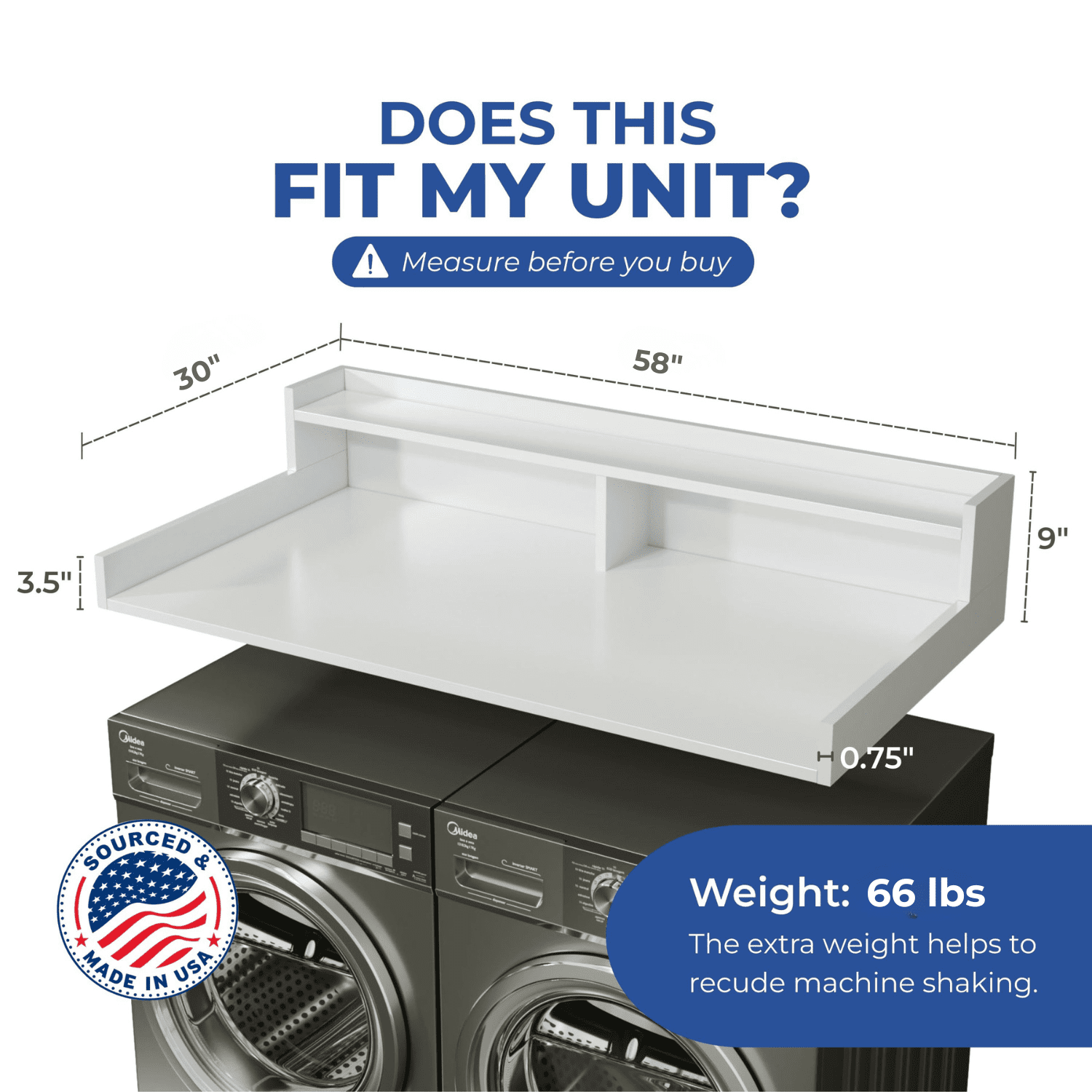 OfficeSimpli Large Washer Dryer Countertop with Shelf - 30 x 58 Inch - Made in USA Laundry Countertop Over Washer and Dryer with Non-Slip Pads, Storage Shelf, Laundry Topper Organizer, Gracier White