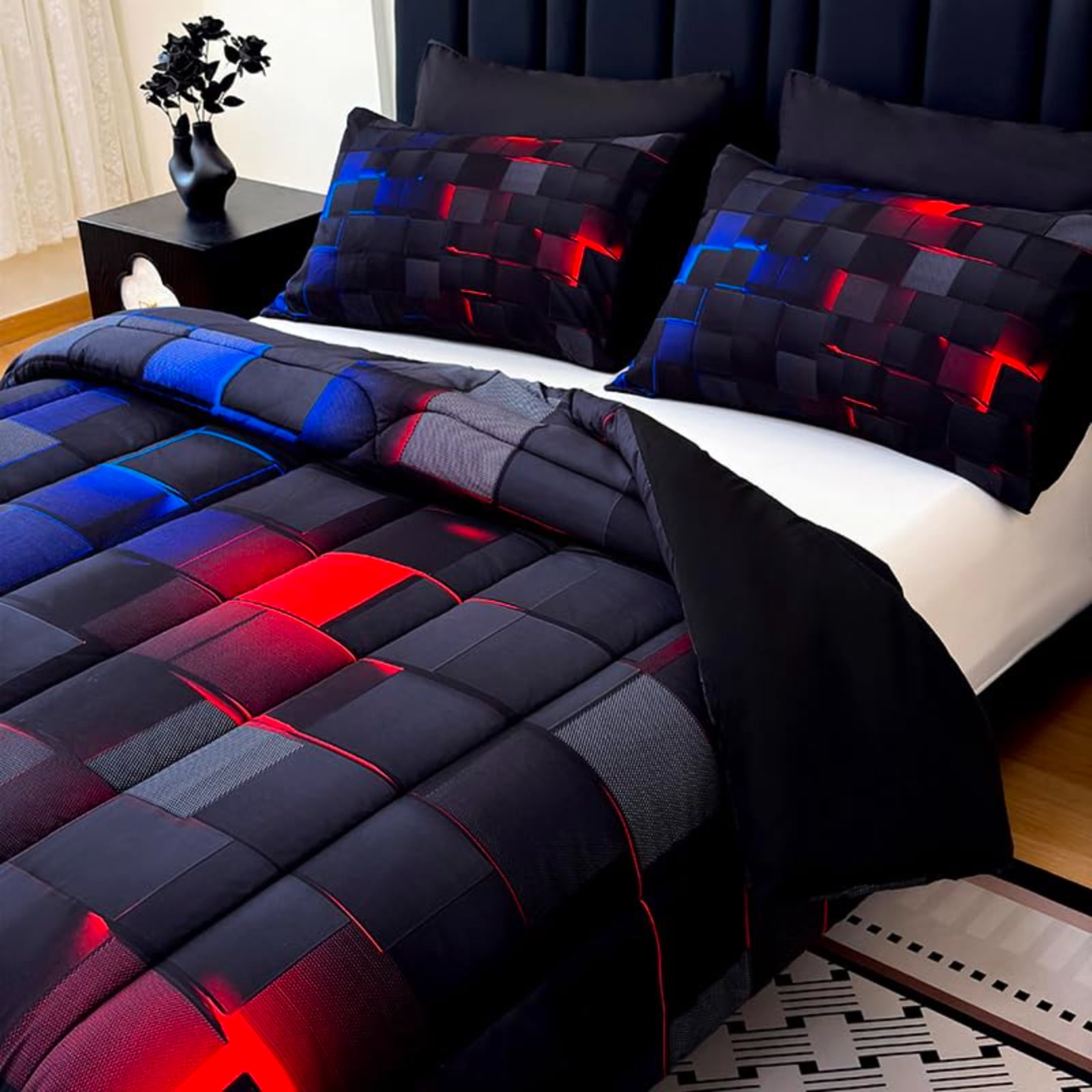 Flymme Queen Comforter Set,3 Piece Neon Geometric Checkered Bedding Sets for Teen Men Gamer Room Decor Grids Quilt Square Plaid Check Bed Set for All Season