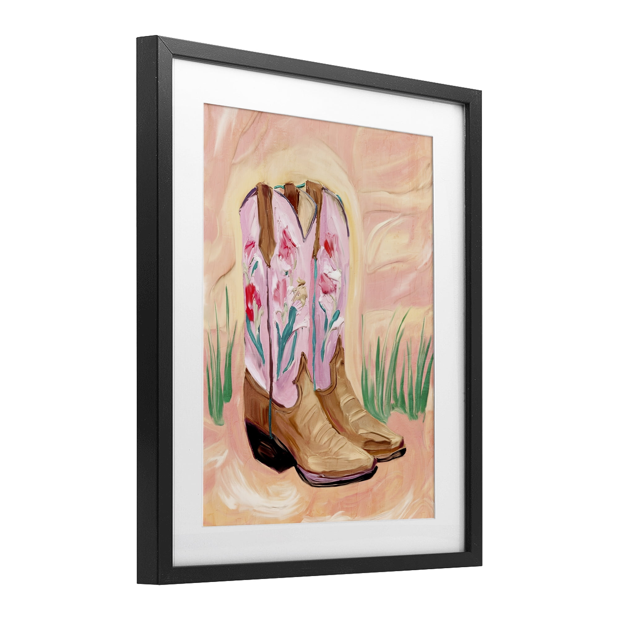 Floral Pinks Boots Black Framed Print Under Glass, design by Kim Allen