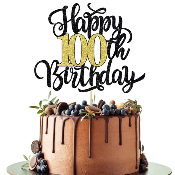 Cake Topper Leetaivie para 100.º cumpleaños negro y dorado con brillo