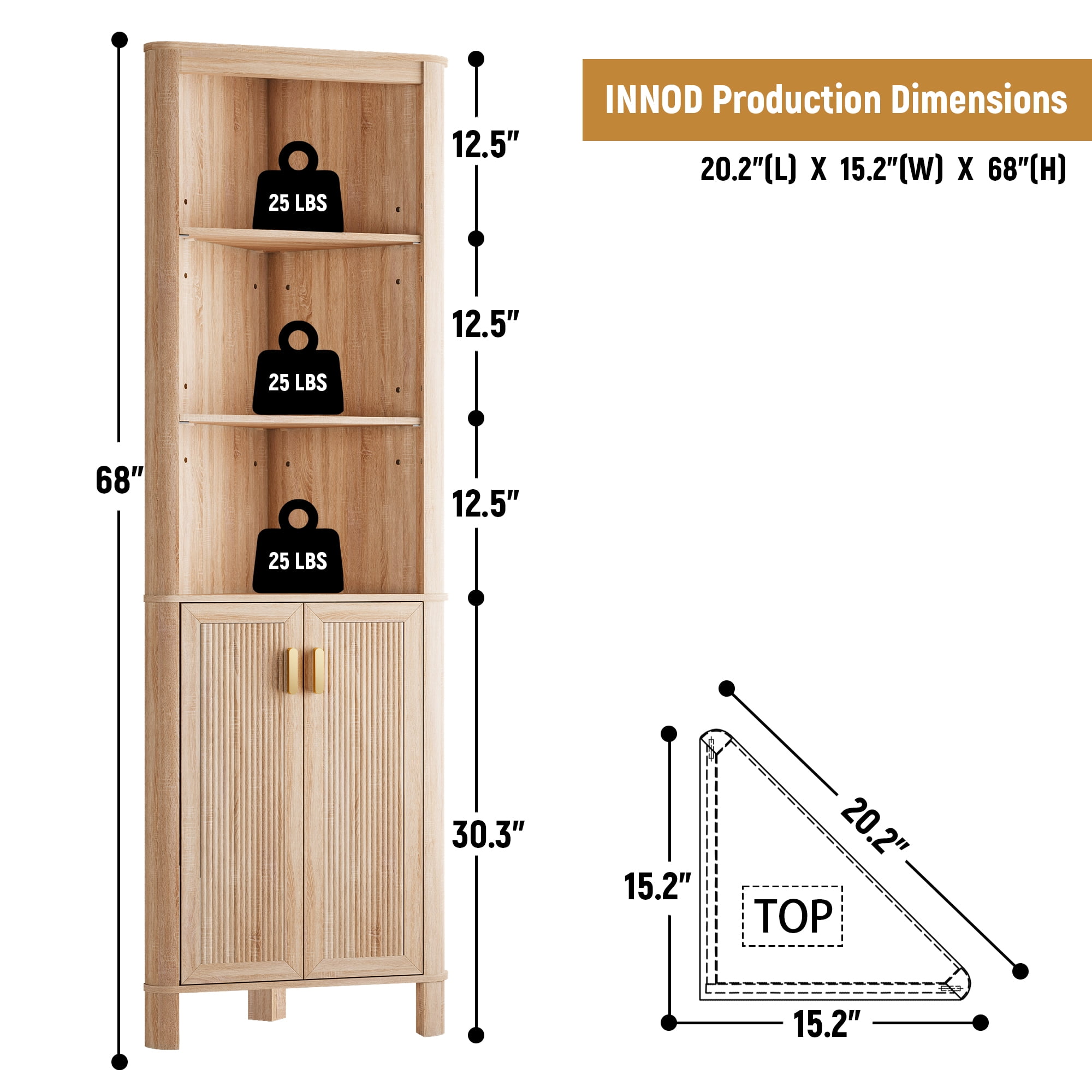 68" Tall Fluted Corner Cabinet for Bathroom, Modern Living Room & Kitchen - 5 Adjustable Shelves, Space-Saving Natural Oak Storage, Curved Profile Design