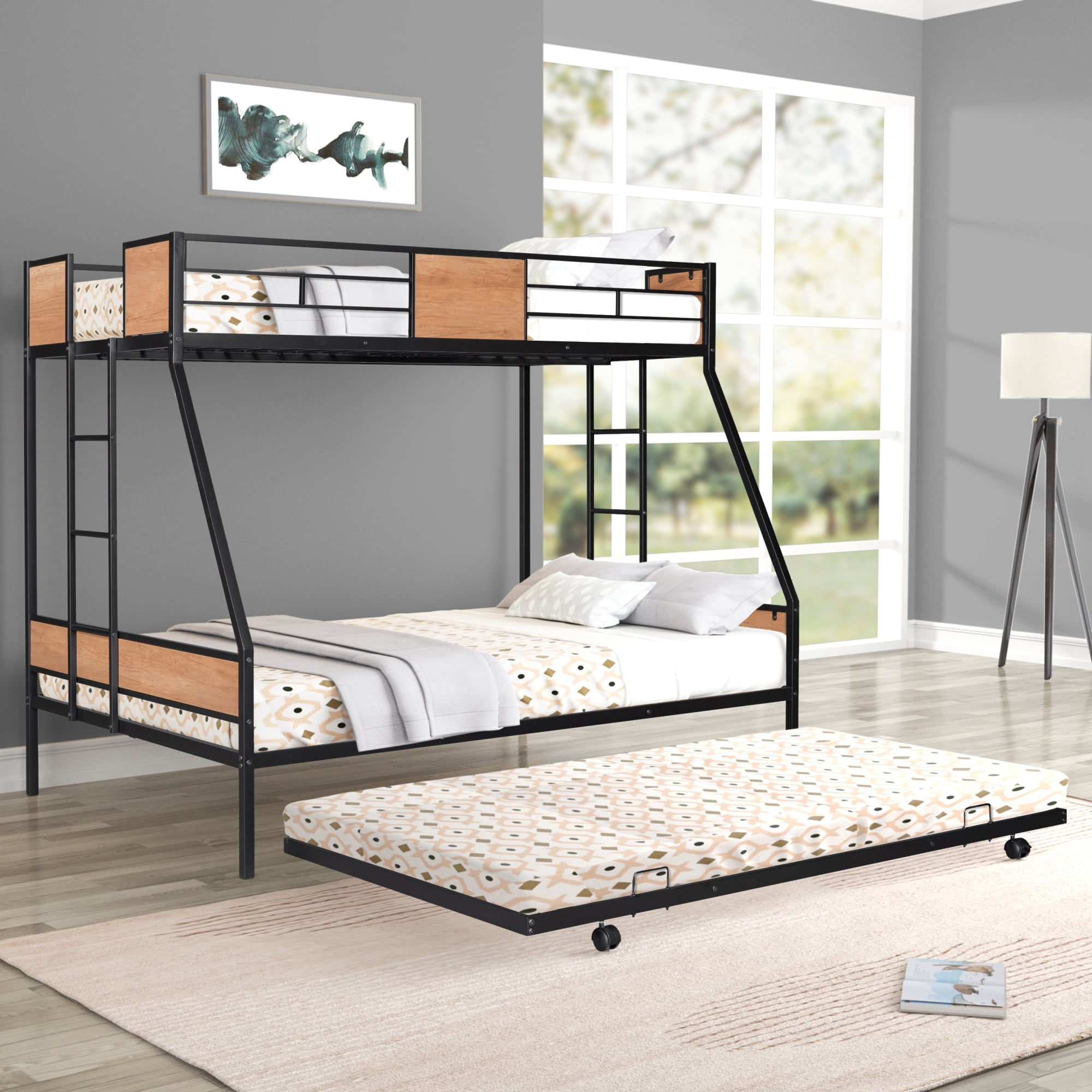 Metal Twin Over Full Bunk Beds with Trundle Bed,Twin Bunk Beds for Kids Adults Teens,Heavy-duty Metal Bunk Bed for Three with Safety Guard Rail and Ladders,Space-Saving Bunk Bed for Boys, Girls, Kids