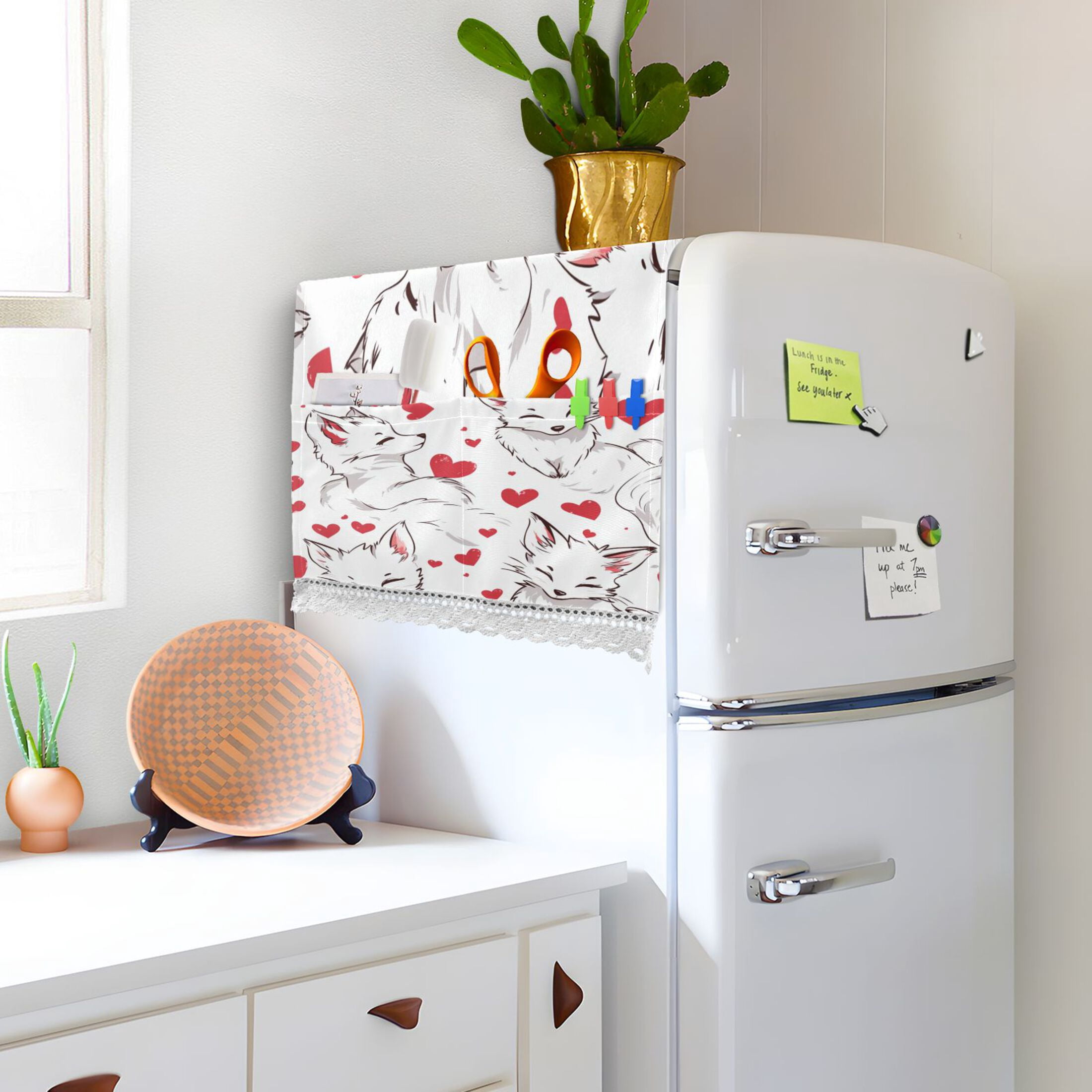 Lovely White FoxWasher and Dryer Covers Dust-Proof and Oil Resistant Fridge Cover with 4 Storage Pockets Washing Machine Top Cover for Laundry Kitchen Home 51.2 x 22 In