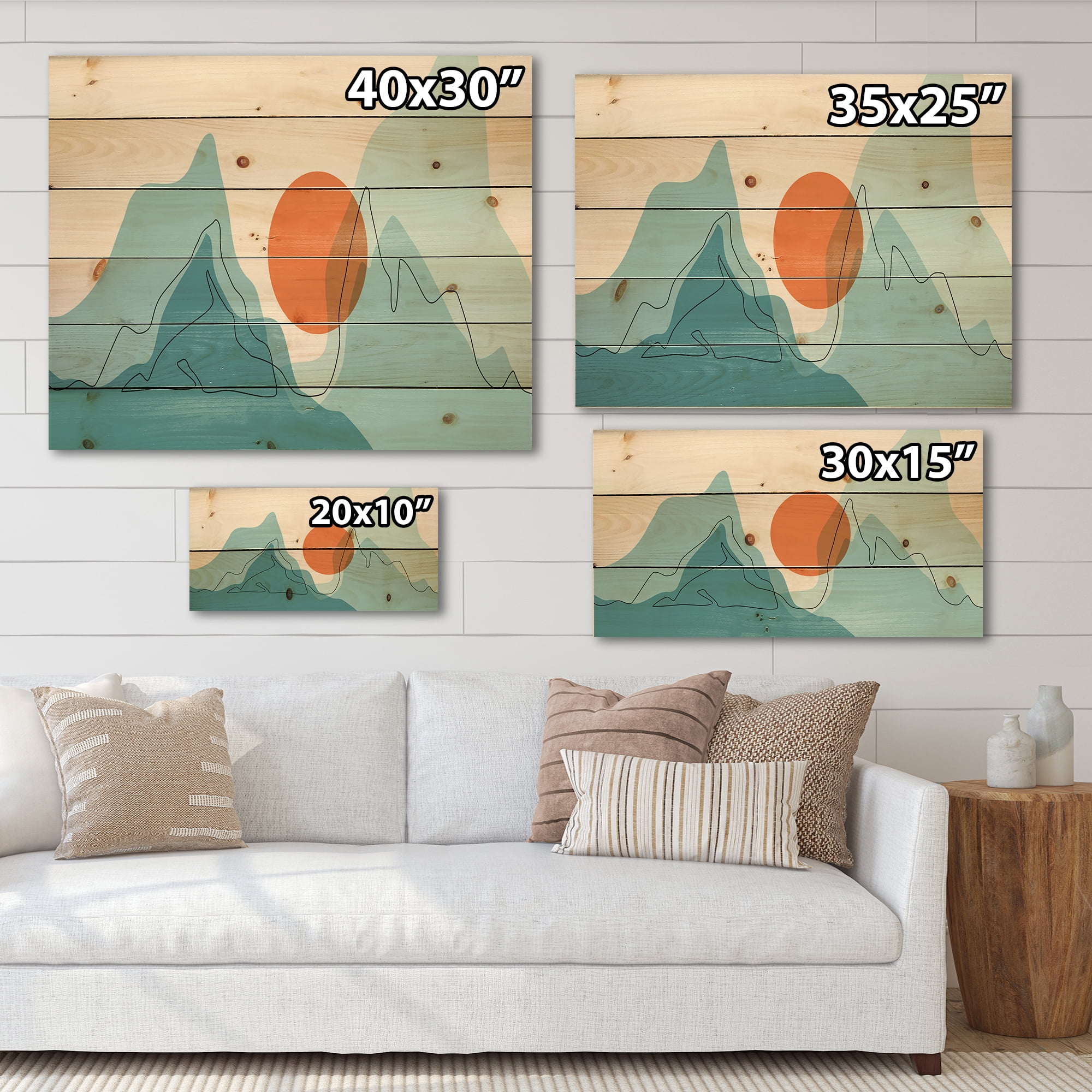 Designart 'Abstract Blue Mountains With Red Moon I' Modern Print on Natural Pine Wood