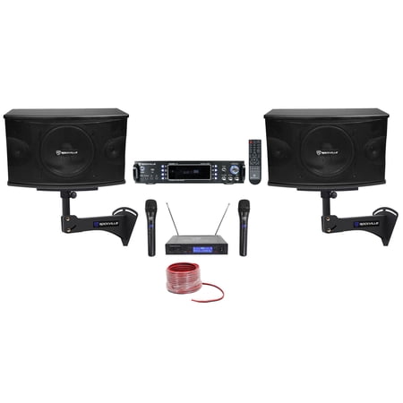 (2) Rockville KPS10 Karaoke Speakers+Bluetooth Amp+Wall Brackets+2) Wirelss Mics + Rockville R14GSBR100 Red/Blk 14 Gauge 100 Ft. Mini Spool Car Audio Speaker Wire