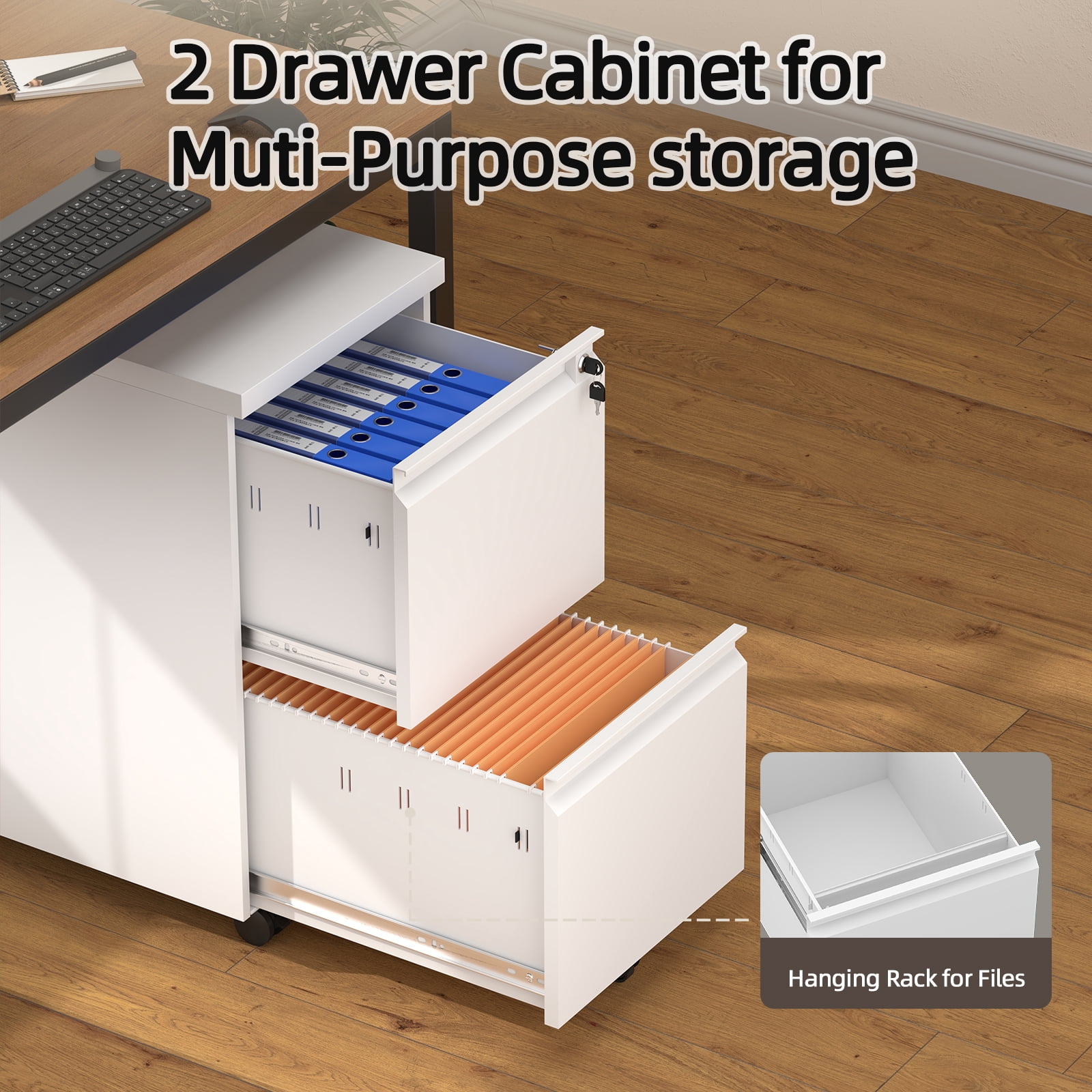 Marcree Filing Cabinet 2 Drawer,Metal Filing Cabinet with Lock,Under Desk Storage Cabinet with Wheels,Rolling File Cabinet for Legal/Letter File,White