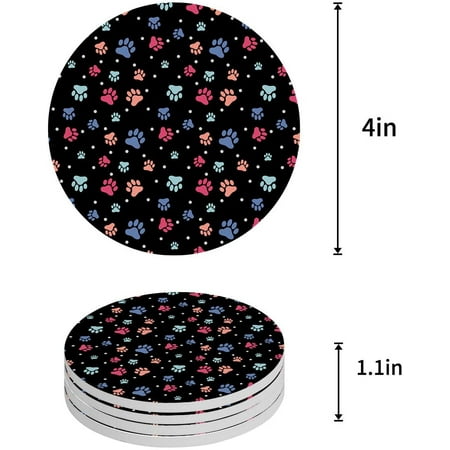 

KXMDXA Colorful Puppy Paw Cat Paw Black Set of 4 Round Coaster for Drinks Absorbent Ceramic Stone Coasters Cup Mat with Cork Base for Home Kitchen Room Coffee Table Bar Decor