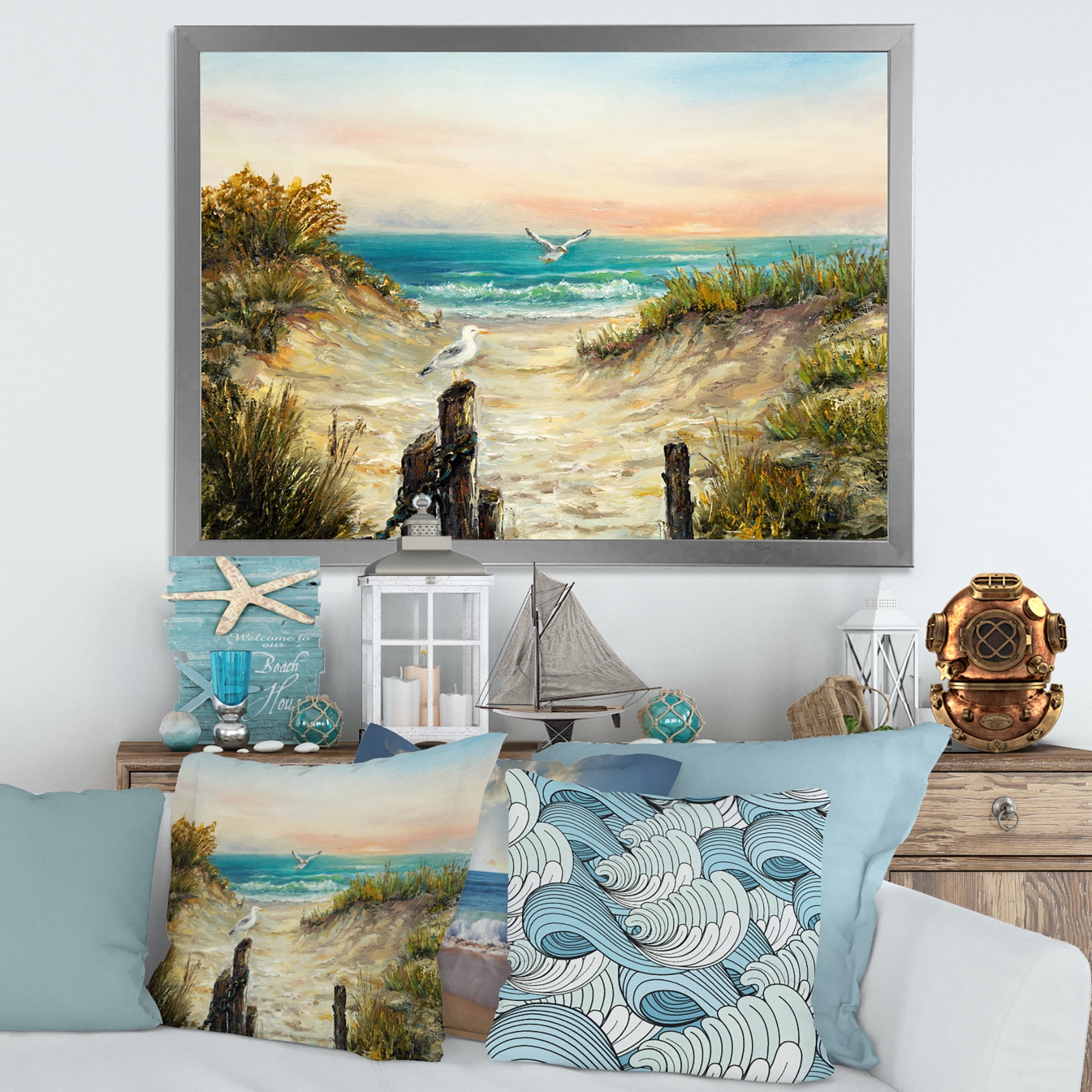 Ocean Dunes During Pink Sunset on Beach 20 in x 12 in Framed Painting Canvas Art Print, by Designart