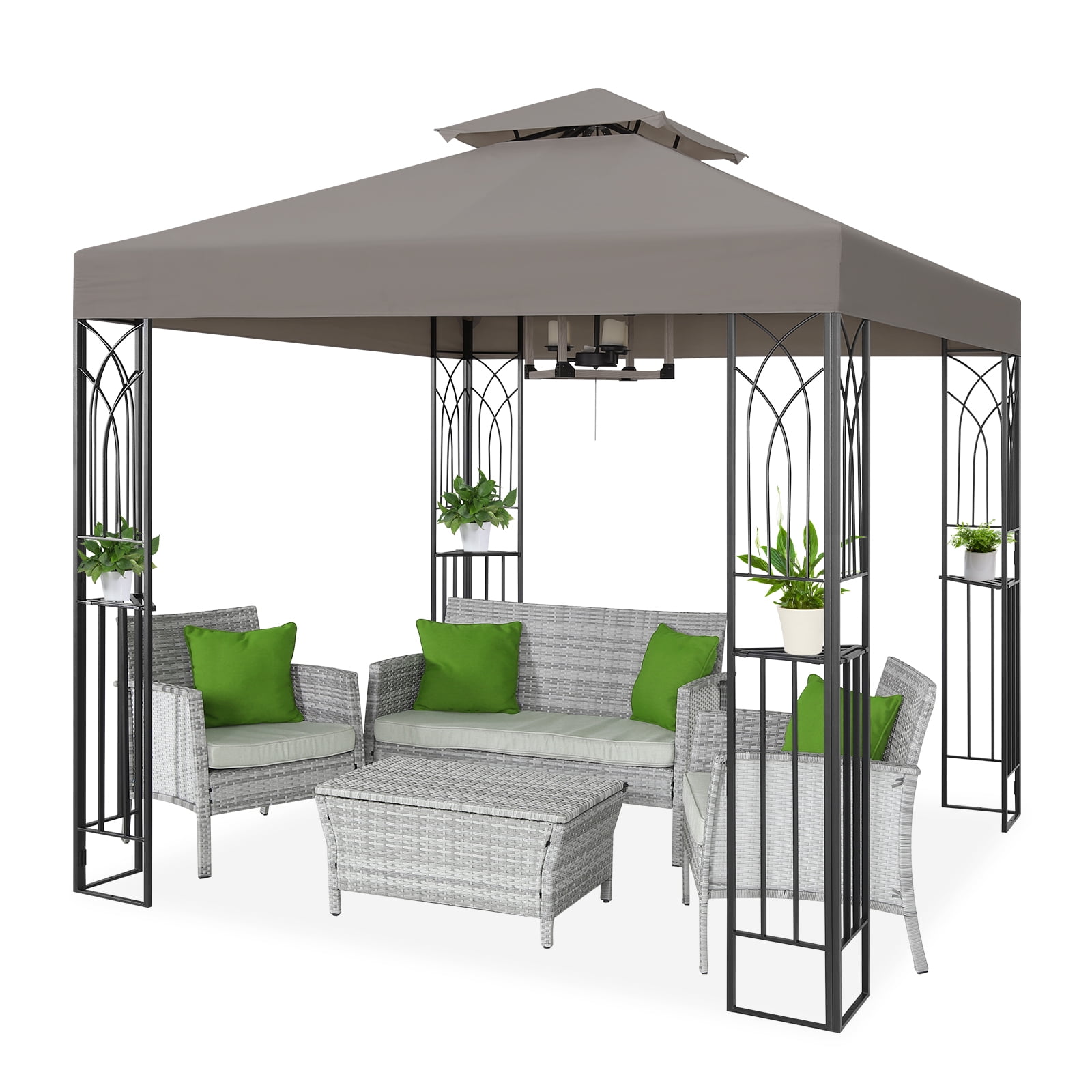 COOS BAY 8x8 Outdoor Patio Gazebo with Corner Shelves, Two-Tier Soft Top Canopy for Backyard, Lawn, Deck and Garden, Gray