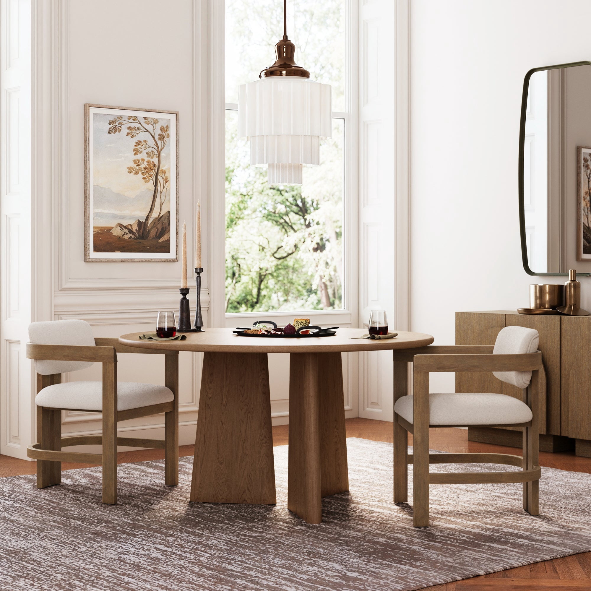 Nathan James Veya Modern Boucle Upholstered Dining Chair with Curved Back, Full Armrests, and Solid Wood Legs, Light Brown
