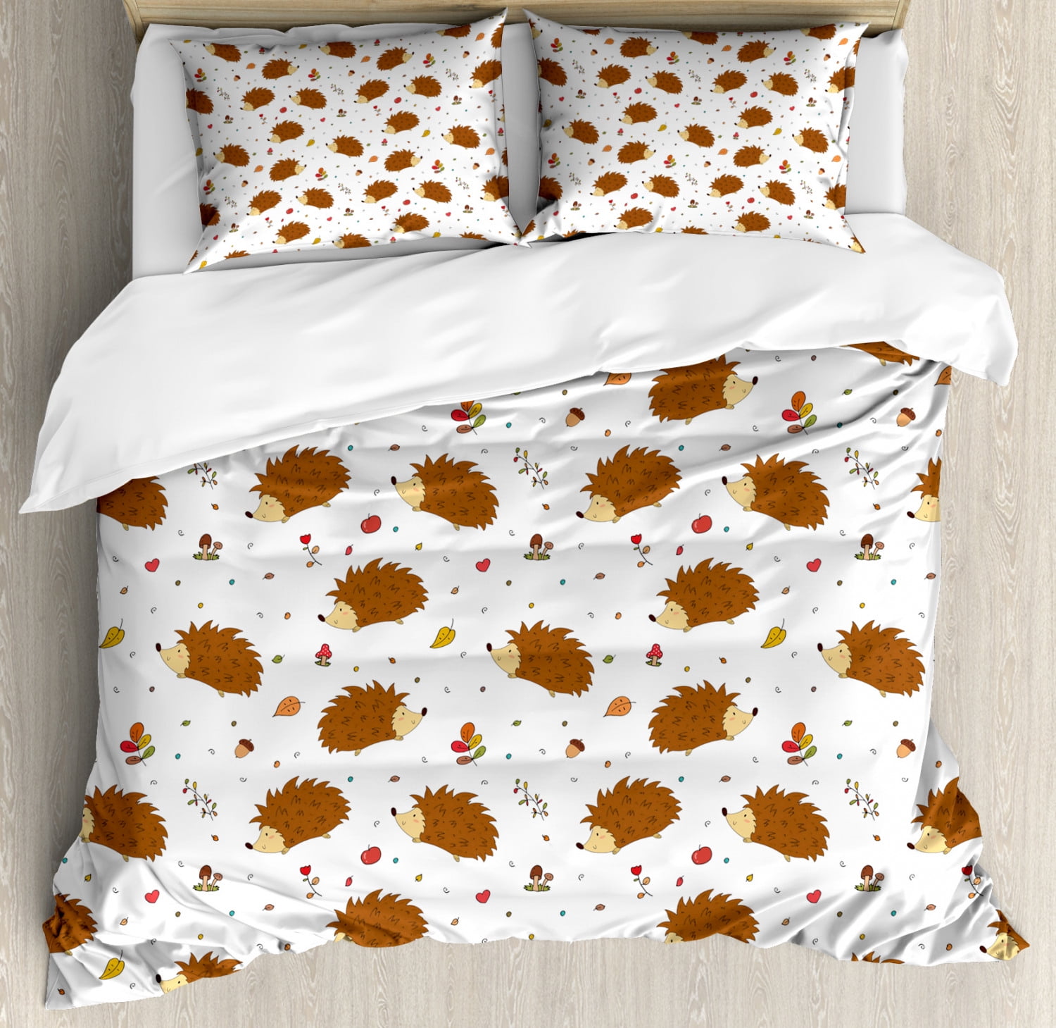 Hedgehog King Size Duvet Cover Set, Love of Nature Theme Nuts Leaves