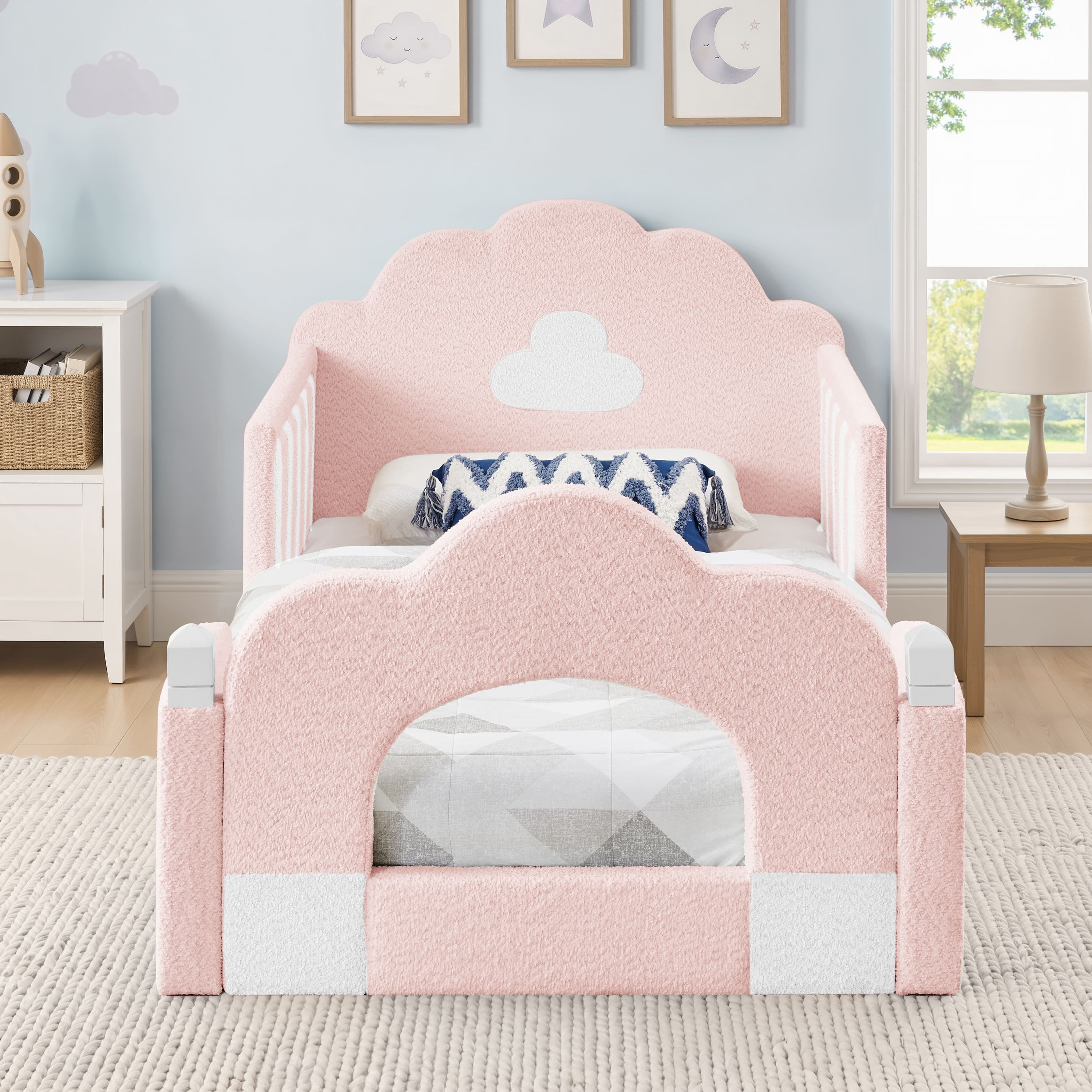 Wakefit Twin Size Kids Cloud Bed with Safety Guardrails,Boucle Upholstered Platform Bed Frame with Wood Slats,Cute Daybed for Girls Boys Bedroom,Pink