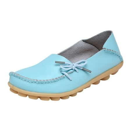

Zizocwa Women S Driving Loafers Leather Comfortable Breathable Slip On Casual Shoes Non Slip Bowknot Loafer Flat Walking Soft Shoes Light Blue Size10