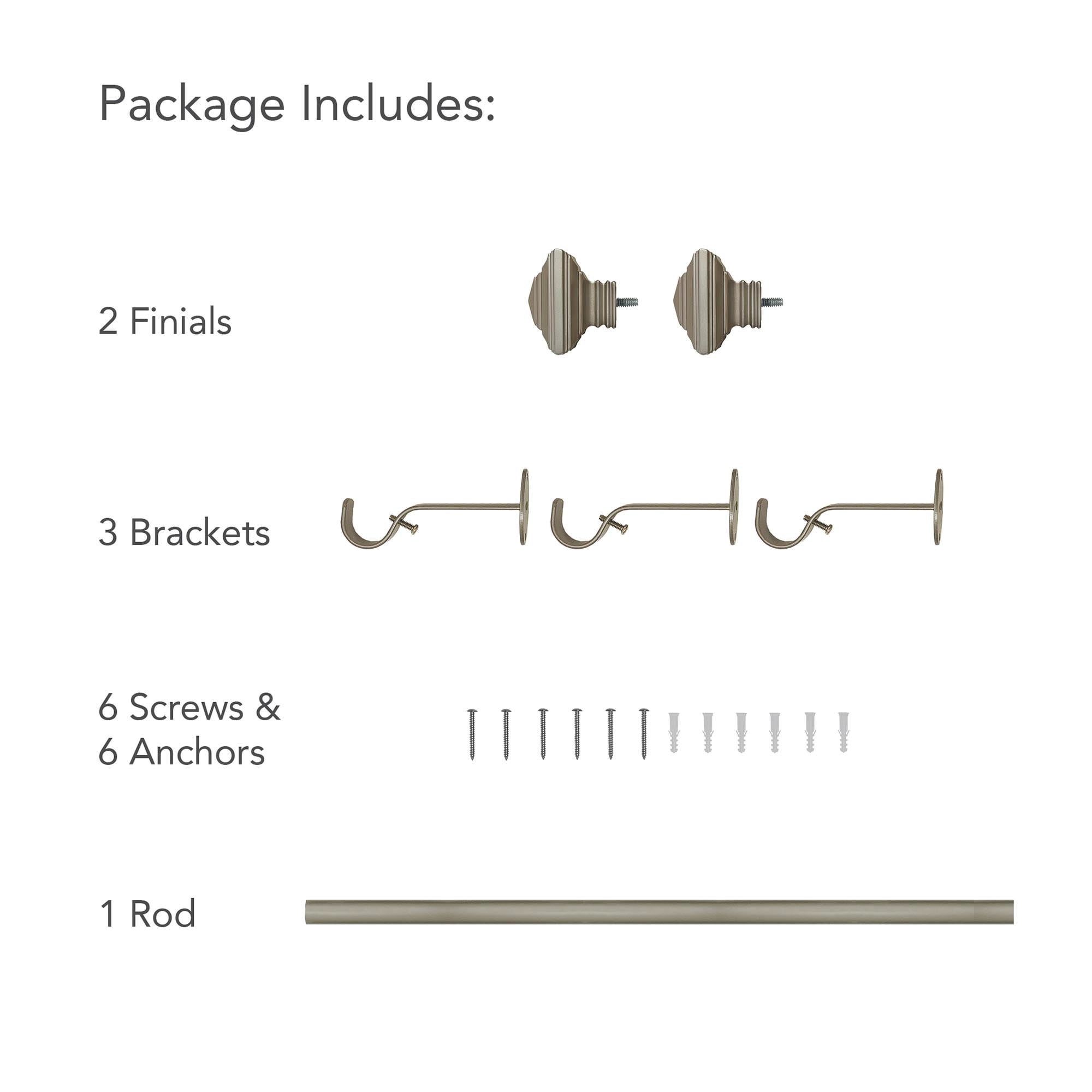 Elrene Home Fashions Florence Single Curtain Rod with Stacked Square Finial, Polished Nickel, 86" x 120"