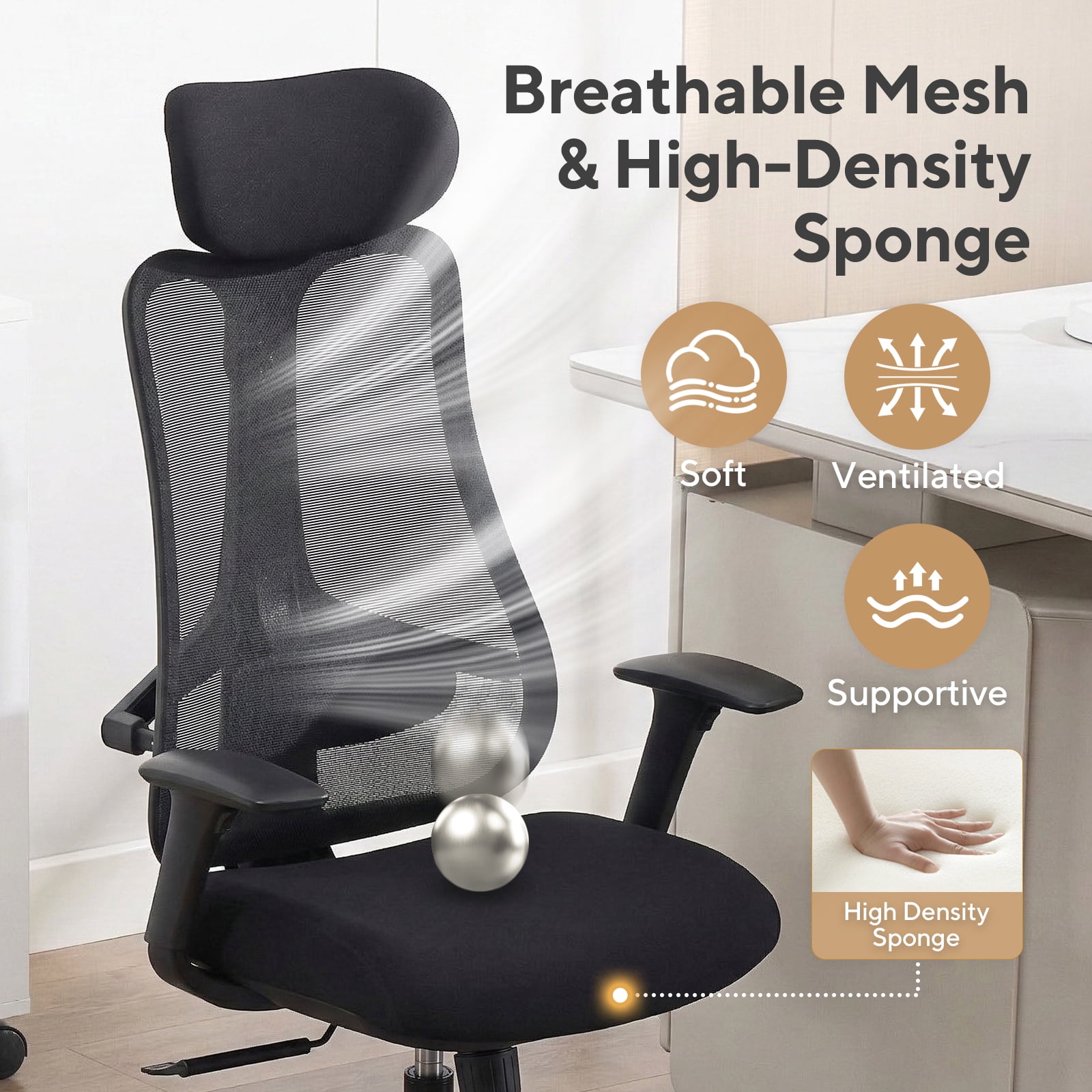 Nouhaus Fluido Ergonomic Office Chair - Adjustable Back Height & Dynamic Lumbar Support, High Back Mesh Executive Desk Chair, Black