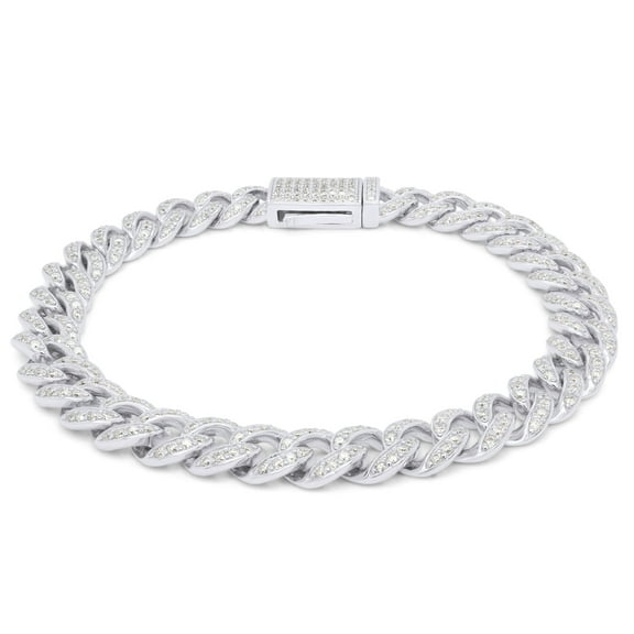 Round Cut Lab Created Moissanite Diamond 8MM Width Cuban Chain Bracelet In 14K White Gold Over Sterling Silver Jewelry For Men(G-H Color,VVS1 Clarity,3.50 Ct)-7.5 Inch