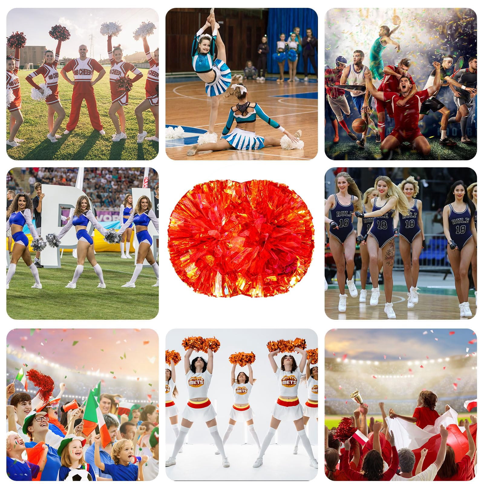 Cheerleading Pom Poms 12 Pcs with Handle Style, Handheld Squad Pompoms for Sports Team Cheer Spirit Games Dance Party Adults