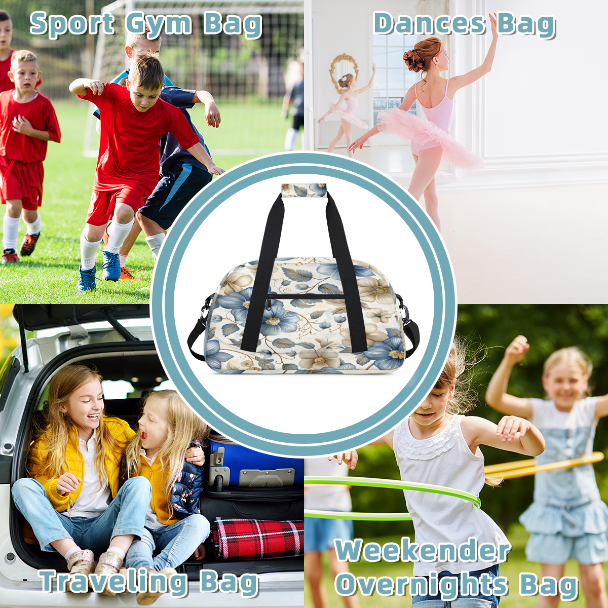 Herdesigns Boho Floral Sports Duffle Bag for Women & Men, Beige Blue Grey White Flower Gym Bag Dance Bag Overnight Bag Carry On Weekender Travel Bag