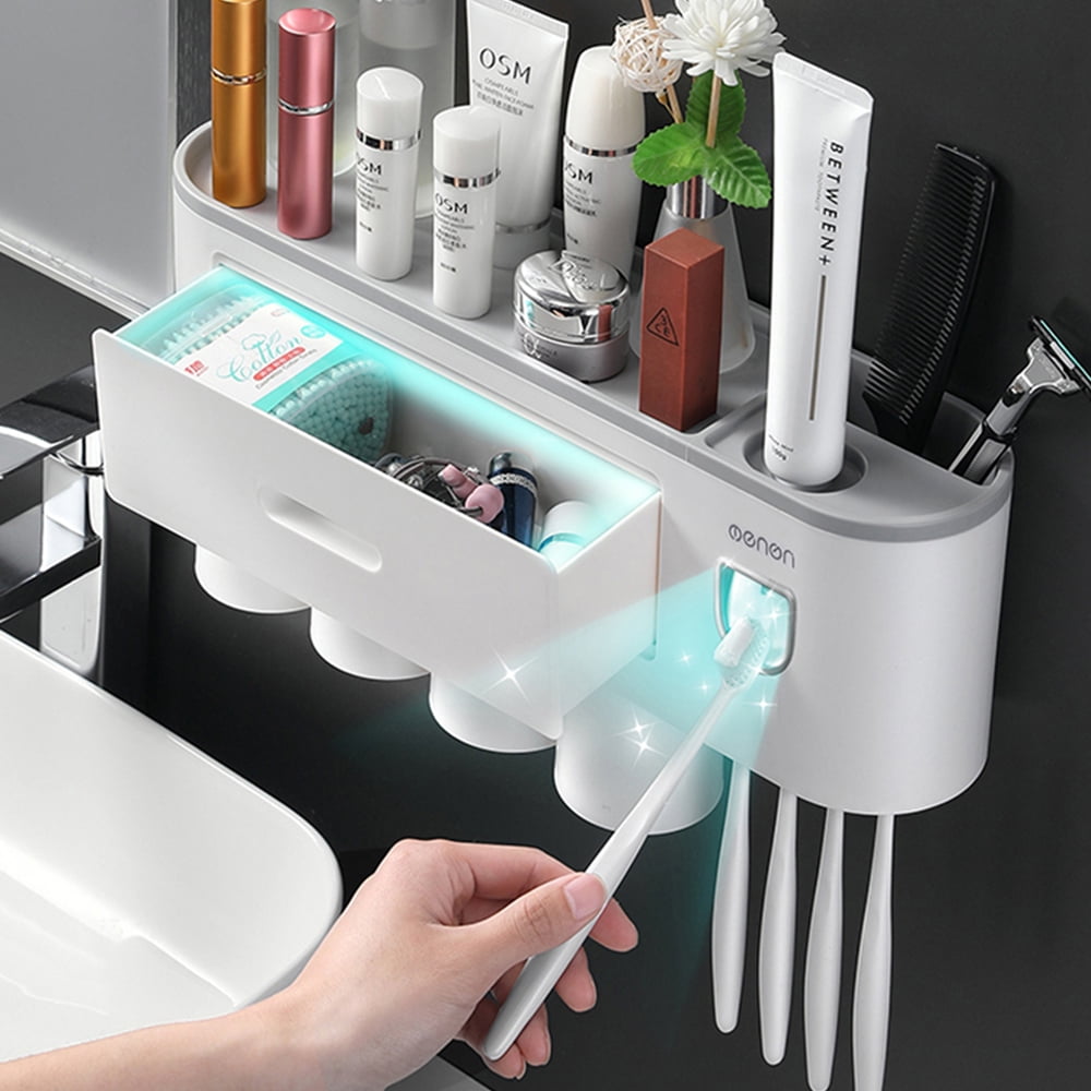 Toothbrush Holder Organizer with 2 Cups Plastic Adhesive Wall Rack for Bathroom 