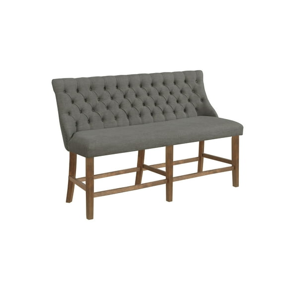 Counterheight Walnut Wood Dining Bench in Gray Linen Fabric and Tufted Seats