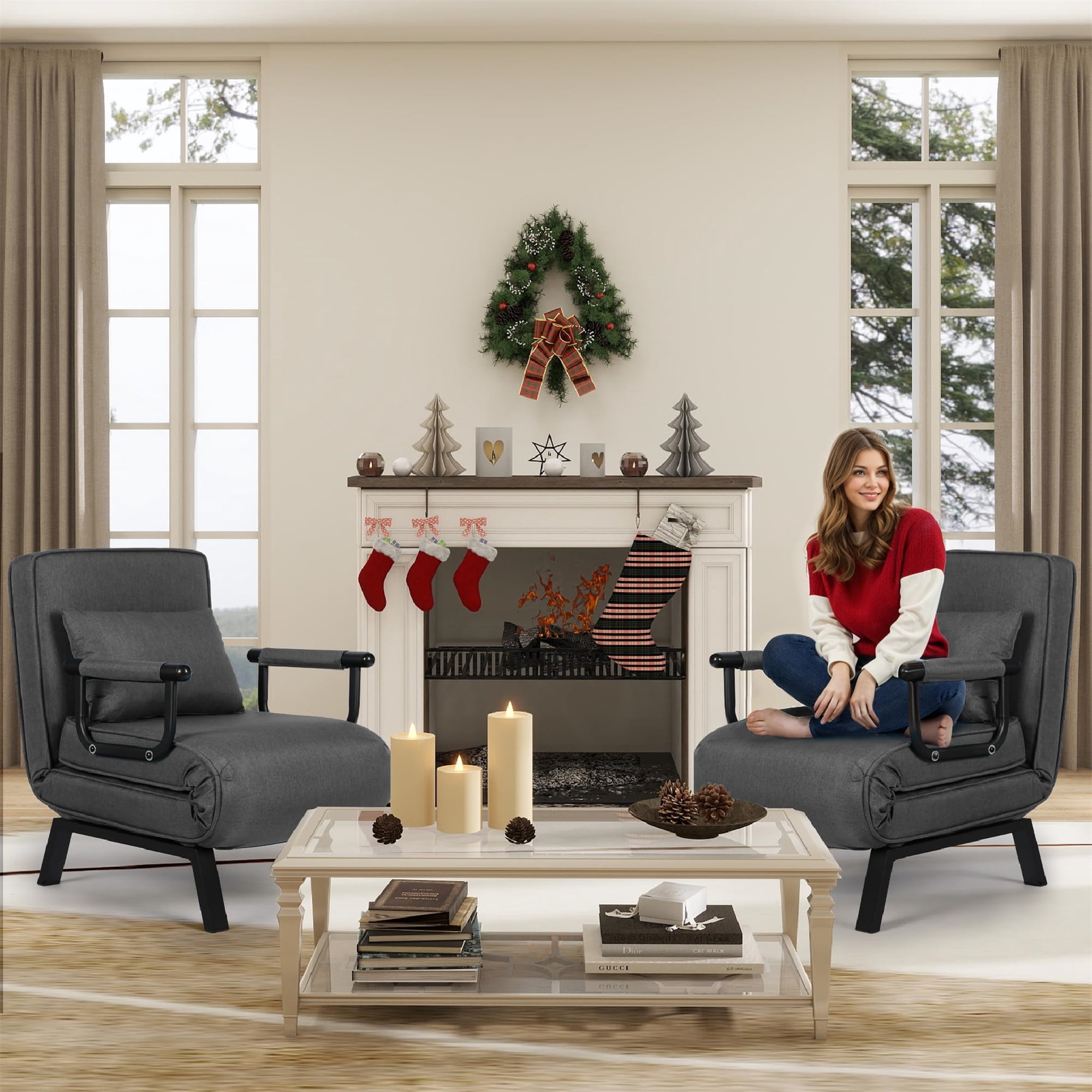 Aukfa Comfy Mini Sofa Adjustable Backrest Chaise Lounger Convertible Sofa Chair Bed w/ &Pillow, Black