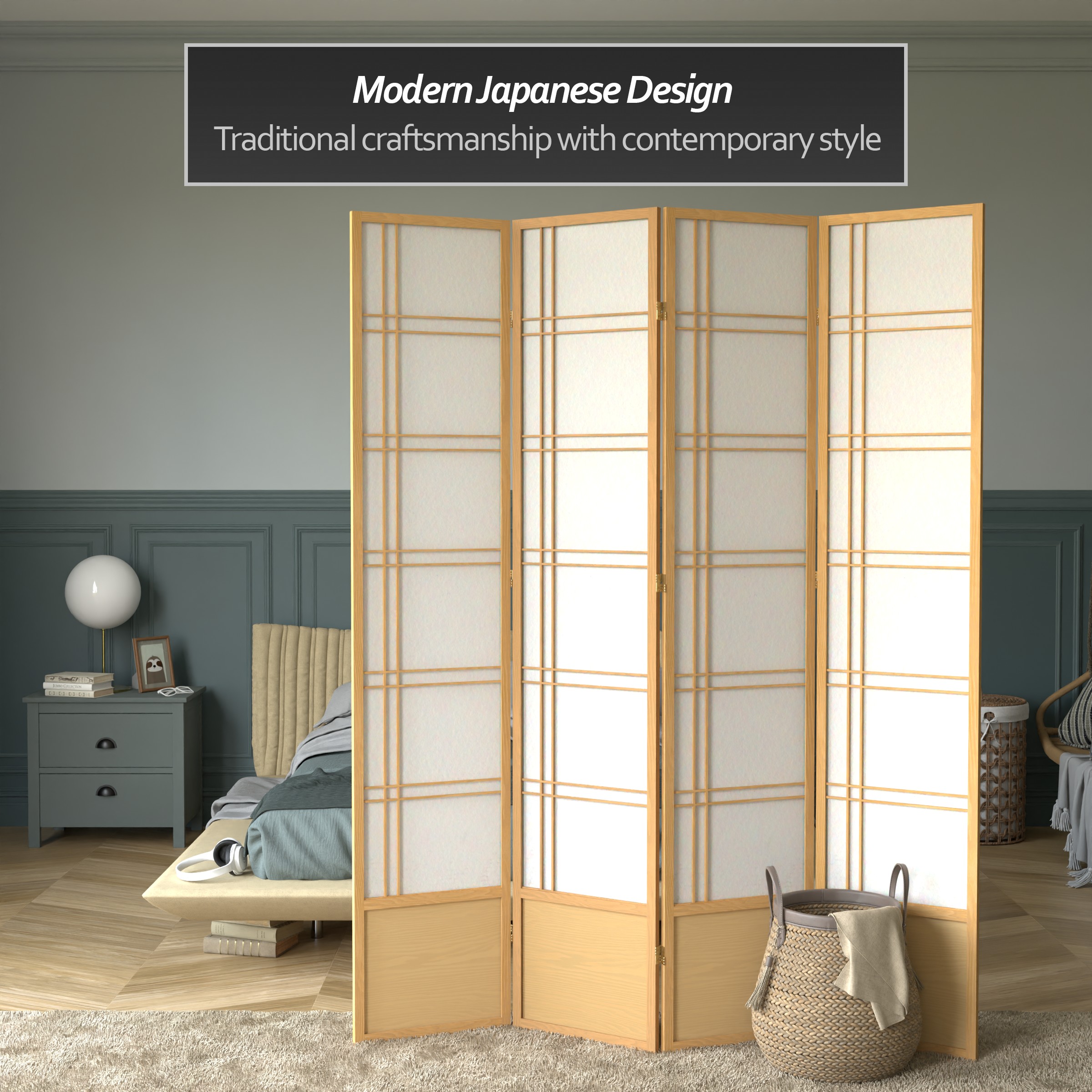 Red Lantern 7 ft. Tall Double Cross Shoji Screen - Natural - 4 Panels