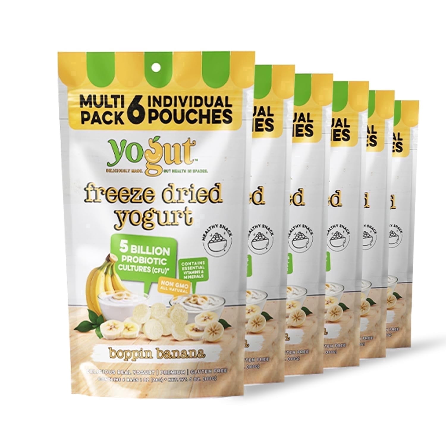 Freeze-Dried Banana Yogurt Bites 6-pack Crunchy Texture Gluten-Free Non-GMO with 5 Billion Probiotic Cultures