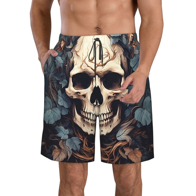 Fotbe Vintage Leaf Flower Skull Trajes de Baño Estampados para Hombre, Shorts de Verano de Secado Rápido, Ropa de Playa, Bañadores-3X-Large