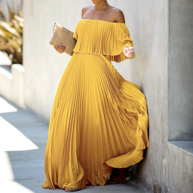 Gspmoly Robe d'Été, Mode Femme Décontractée Col Droit Aguichant Robe en Mousseline à Épaules Dénudées Robes Formelles pour Femme Offres Prime