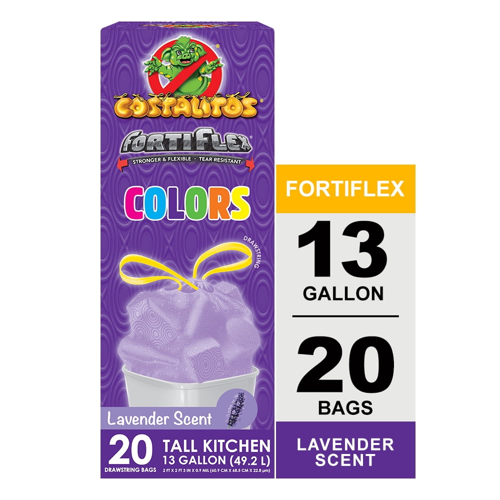 Costalitos Fortiflex Colors Tall 13 Gallon Lavender Scent Drawstring Trash Bags, Strong & Flexible, Tear Resistant, 20 Count