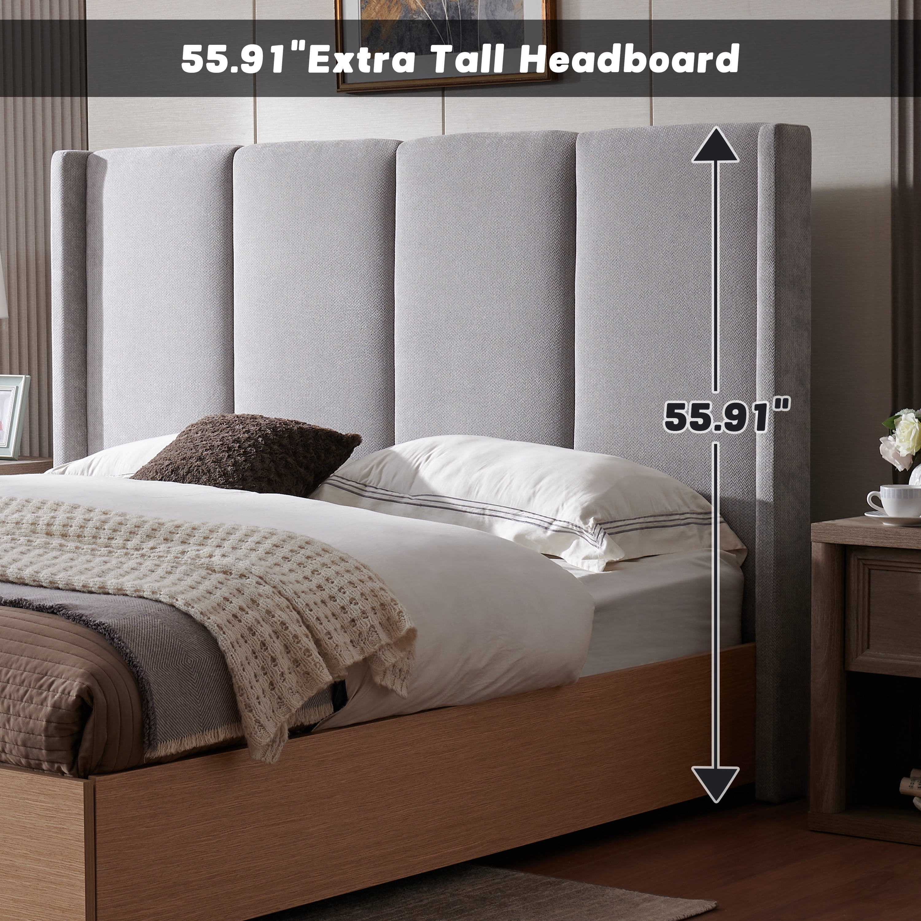 King Size Bed Frame and Upholstered Headboard, Solid Wood Platform Bed with Storage Drawers, Durable Wooden Slats, Solid and Stable, Noiseless, No Box Spring Needed, Easy Assembly, Light Gray
