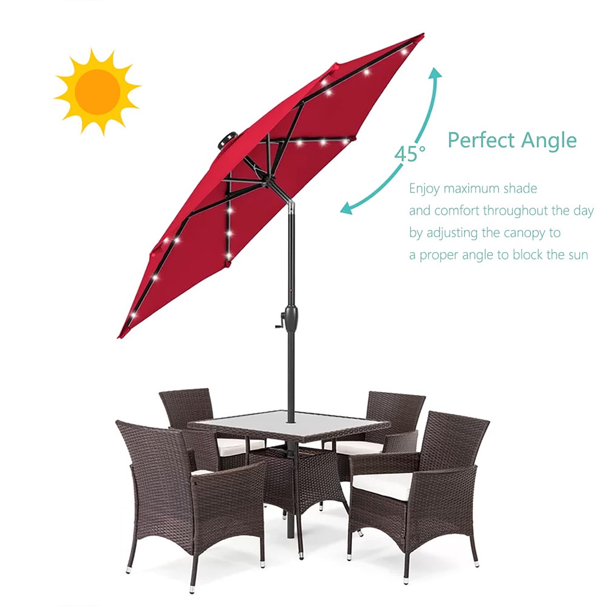 ULTRASHDE 9ft Solar LED Lighted Patio Umbrella, Table Market Umbrella, Outdoor Umbrella for Garden, Deck, Backyard, Pool and Beach, Red
