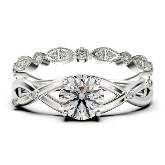 Spectacular And Decorative Rings Boho & hippie 1.60 Carat Round Cut Diamond Moissanite Engagement Ring, Wedding Ring, One Matching Band in 10k Solid White Gold, Promise Ring, Lovely Gift