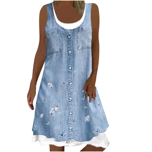 Vestidos estampados sin mangas con cuello redondo casual de verano para mujer Fridja hj512
