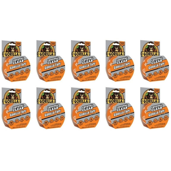 Gorilla Crystal Clear Duct Tape, 1.88" x 9 yd, Clear, Pack of 10