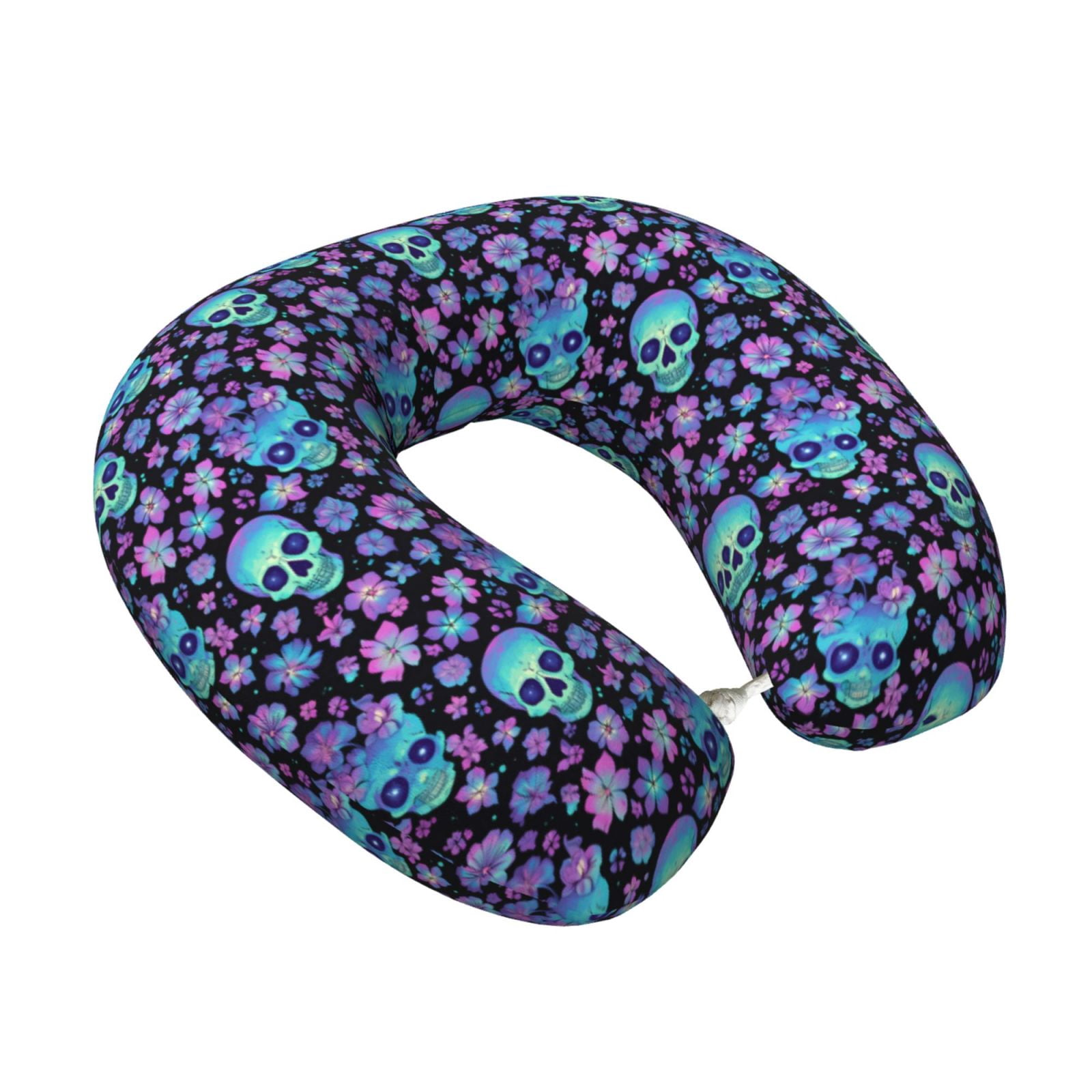 Xecao Funny Skull Flower Print Memory Foam Cervical Neck Pillow Versatile U-Shaped Pillows for Home,Office,Camping,Travelling,Soft Washable Cover