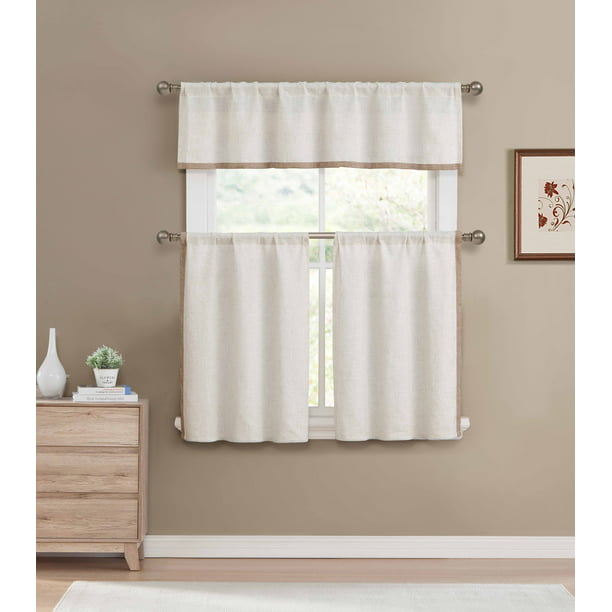 Linen Color 3 Piece Window Curtain Set: Accent border, Linen Blend ...