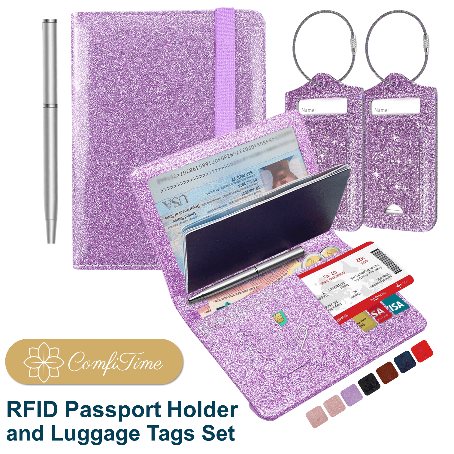 ComfiTime Passport Holder and Luggage Tags Set RFID Passport Wallet