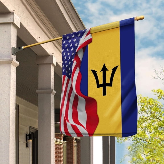 American Flag Waving Show Barbados Flag Barbadian American Friendship Proud Root House Flag, Double-Sided Decorative Outdoor Flag, Patriotic Polyester Yard Flag 29.5 x 39.5 in