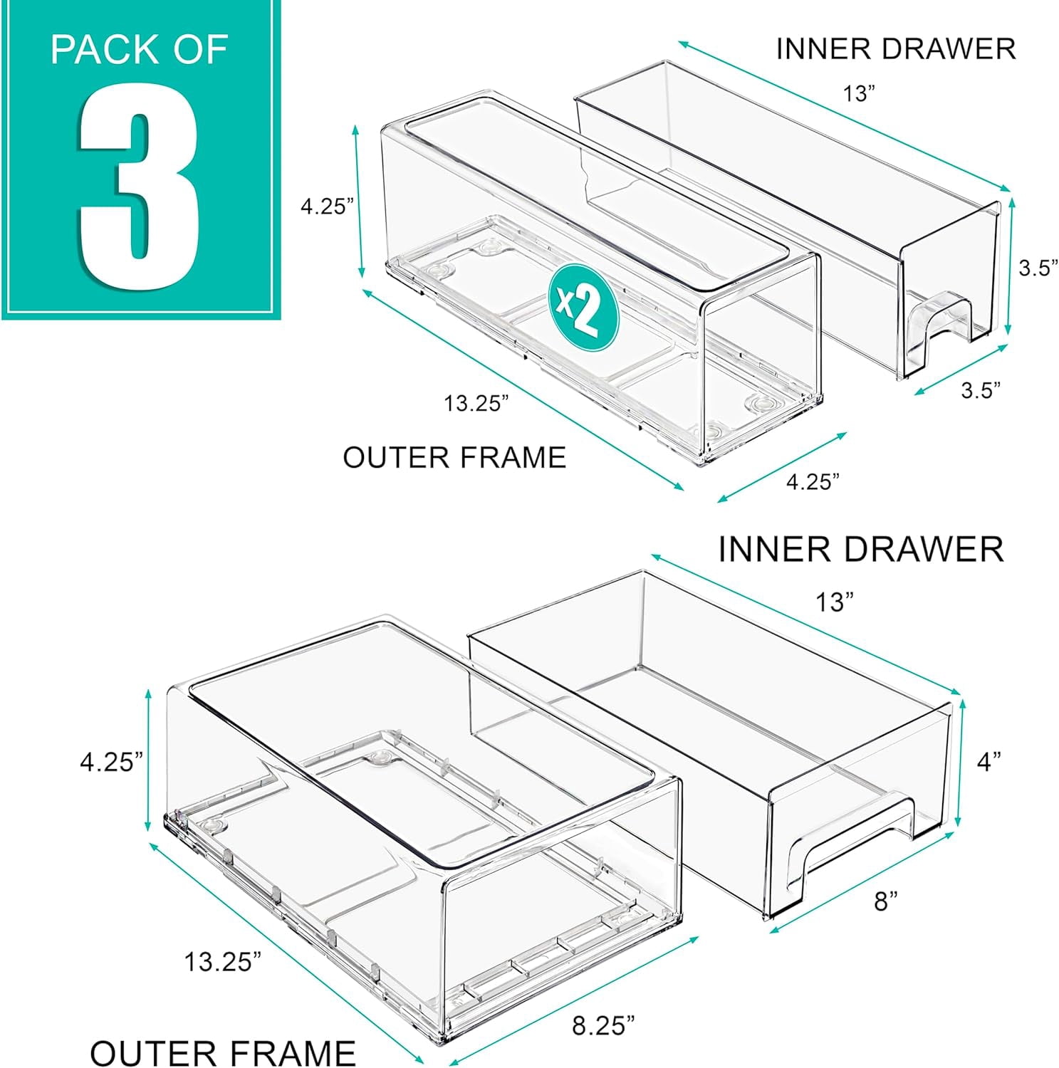 Sorbus Fridge Drawers - Clear Stackable Pull Out Refrigerator Organizer Bins (1 Large, 2 Small)