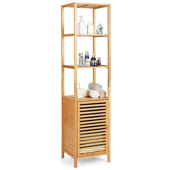 Bamboo Bathroom Cabinet, Narrow Linen Tower, 3 Tier Shelves, Shutter Door, 15.5x14.5x65 inch Storage Organizer for Living Room, Kitchen, Bedroom