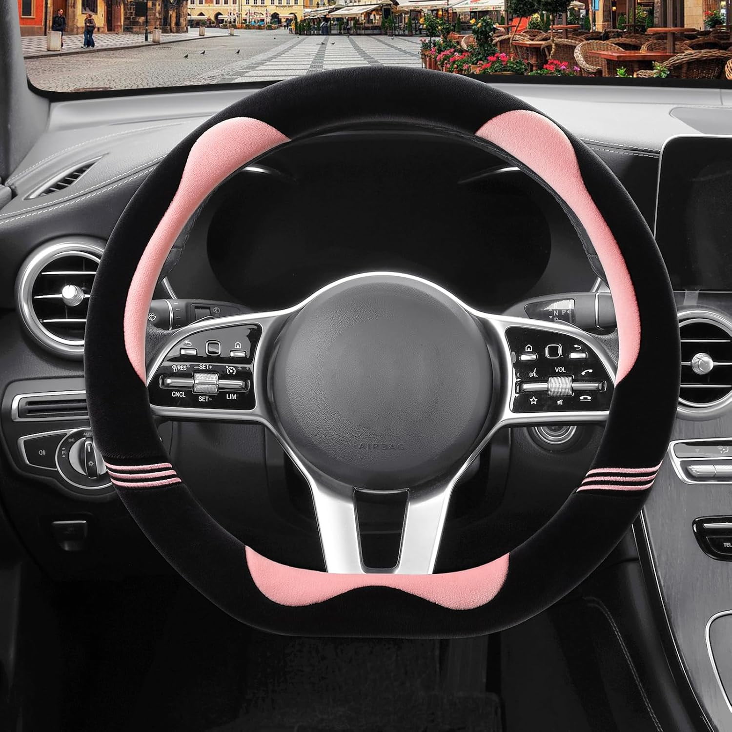 Furry Cute D Shaped Steering Wheel Cover, Soft Fluffy Short Plush Auto Accessories, Non-Slip Cold-Proof Sweat-Proof Colorfast, Universal 15 inch(Black with Gray)