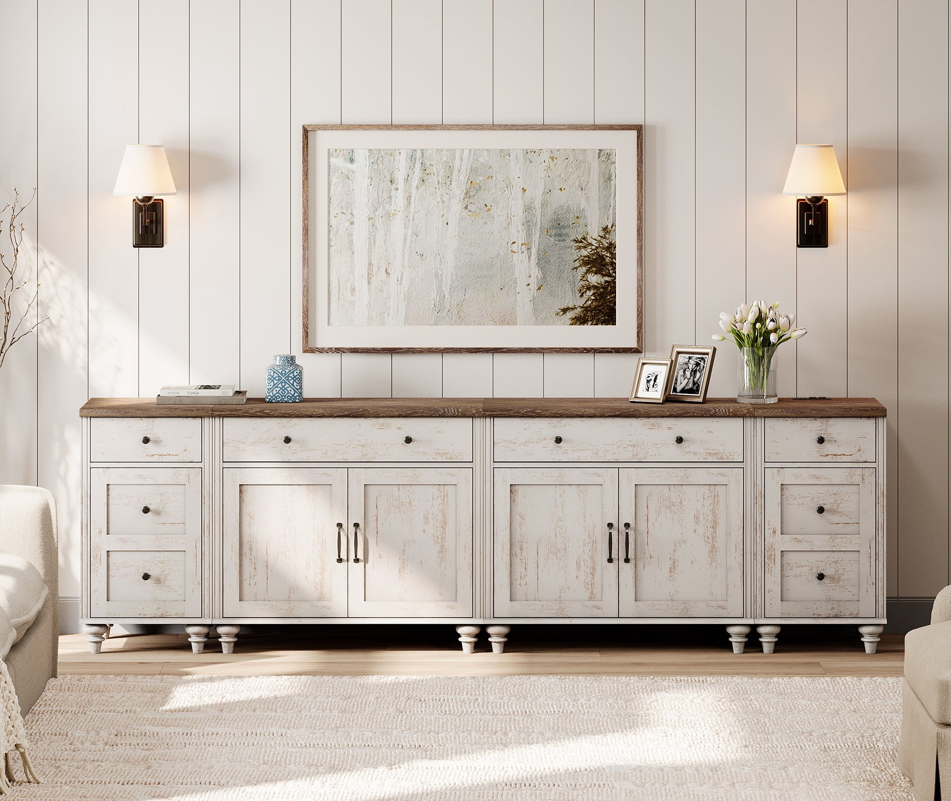 WAMPAT TV Stand for 100 Inch TV, 4-in-1 TV Console Table for 75/80/85/90 Inch TV, Farmhouse Entertainment Center with Charging Station, Kitchen Sideboard Buffet Cabinet for Dining Room, Rustic White