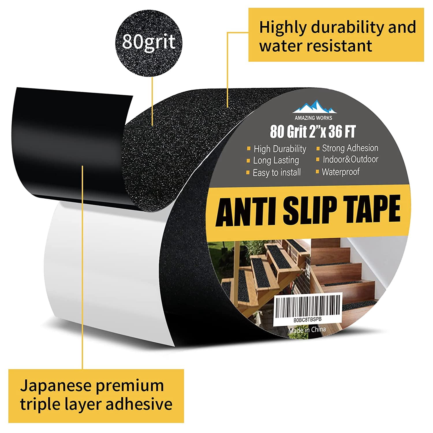 Grip Tape - Heavy Duty Anti Slip Tape, Grip Tape Grit Non Slip for Stairs Outdoor/Indoor, Waterproof High Traction Stairs Non Skid Treads, Durable Triple Layer Adhesive - Black (2 Inch x 36 Feet)