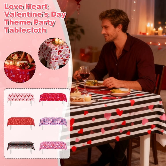 Valentines Day Decorations Tablecloth Disposable Pink Heart Party Table Cover for Wedding Anniversary Dinner Celebration Decorations 1pcs A, 72x54", 1Pcs
