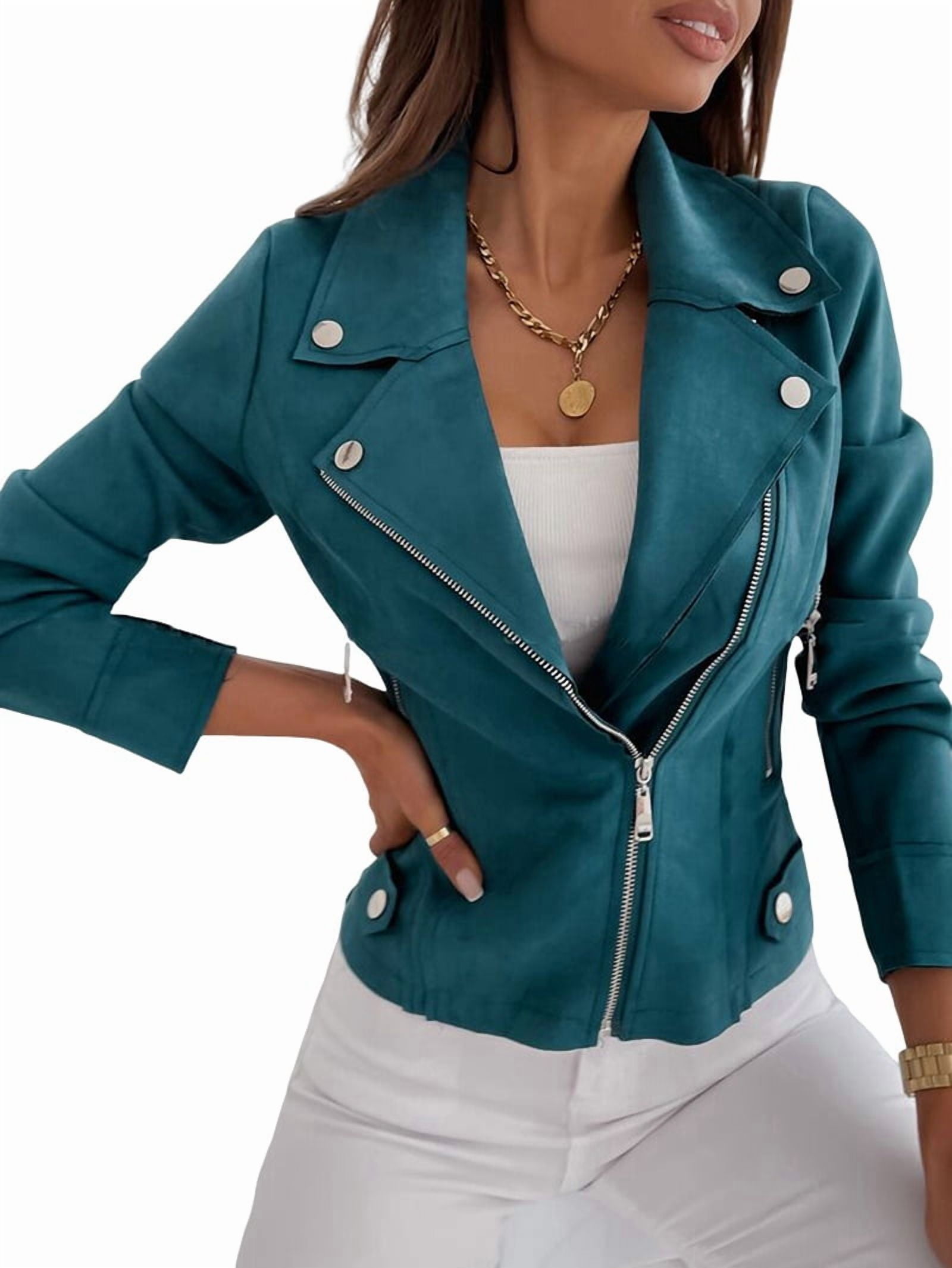Women'S Faux Leather Jackets Suede Spring Trendy Outfits 2025 Fall Zip Up Cropped Moto Jakcet Outerwear Blue S