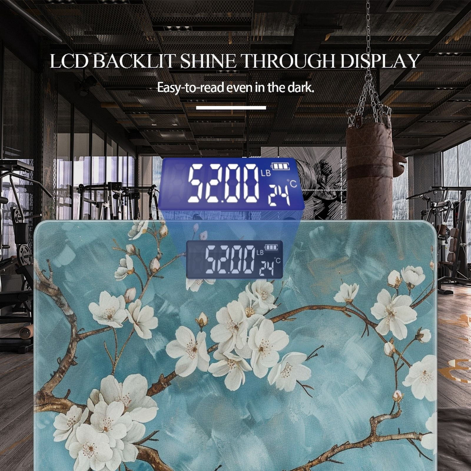 Bathroom Scale, Highly Accurate Digital Body Scale,Precisely Measures Weight up to 400 lbs-White Flowers On Blue Background Cherry Blossoms